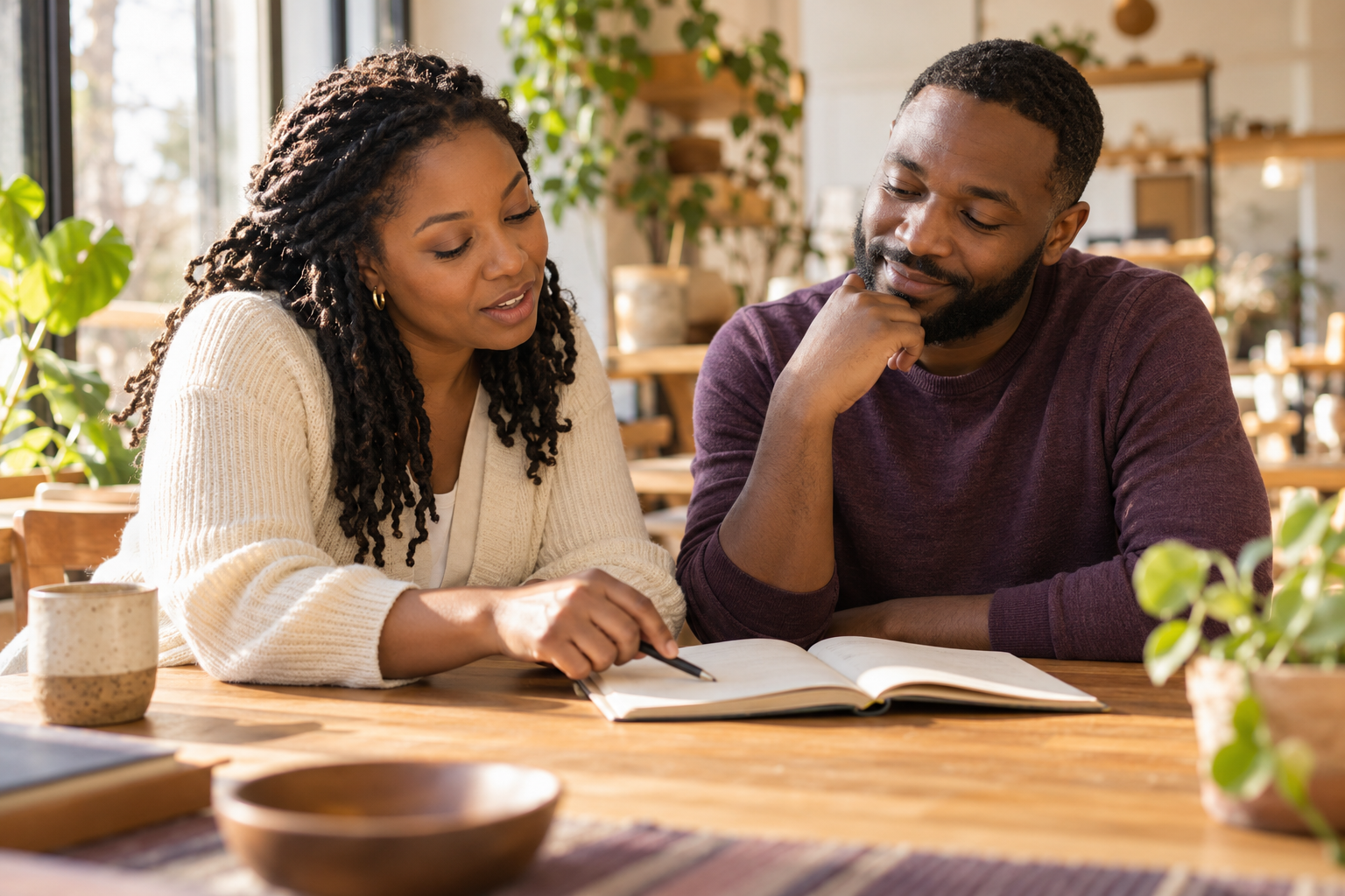 Two people thoughtfully reviewing a notebook together in a welcoming workspace