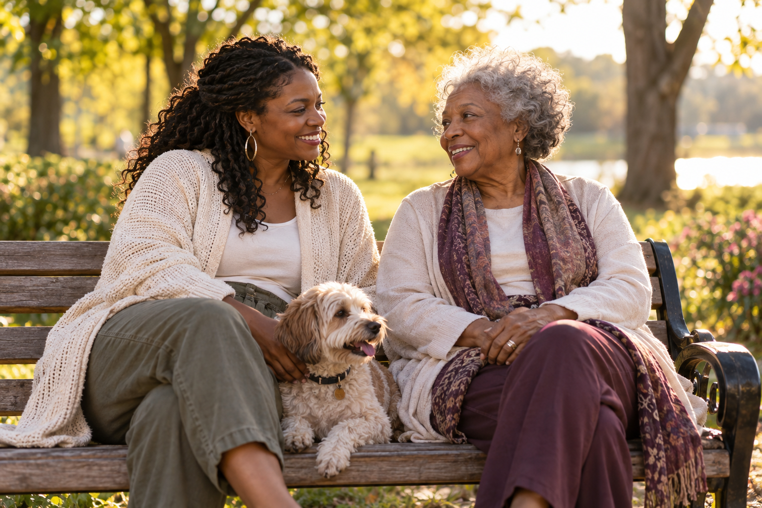 Two women from different generations sharing a peaceful moment with a dog in a sunlit park