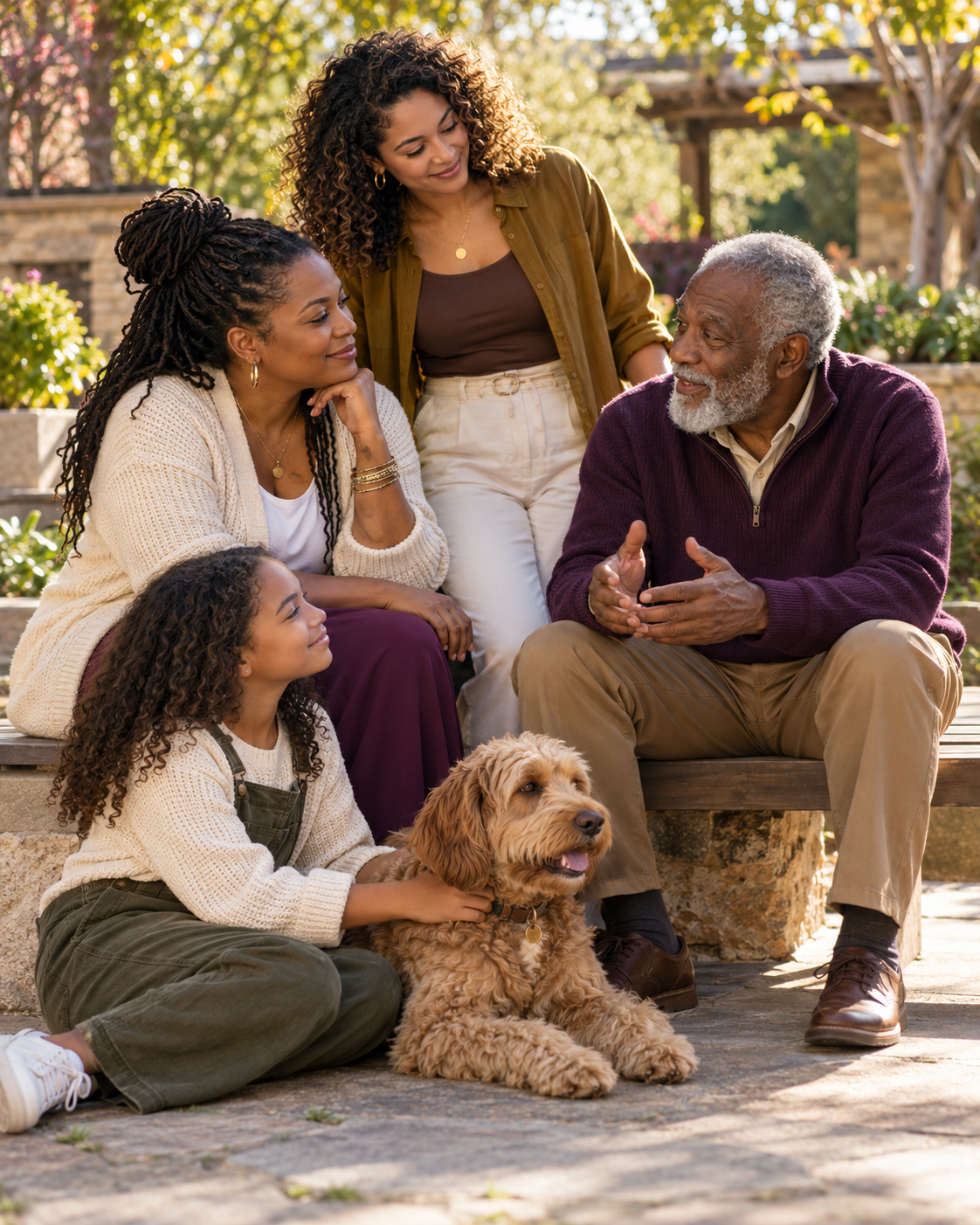People of different generations sharing a relaxed conversation outdoors with a dog