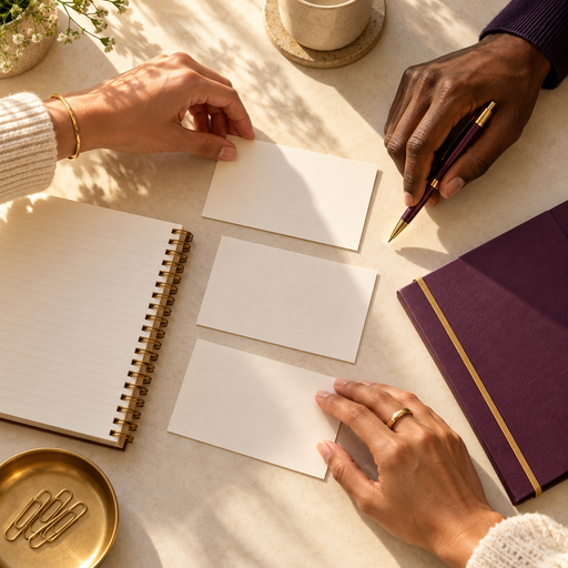 Hands organizing notes to make information clear