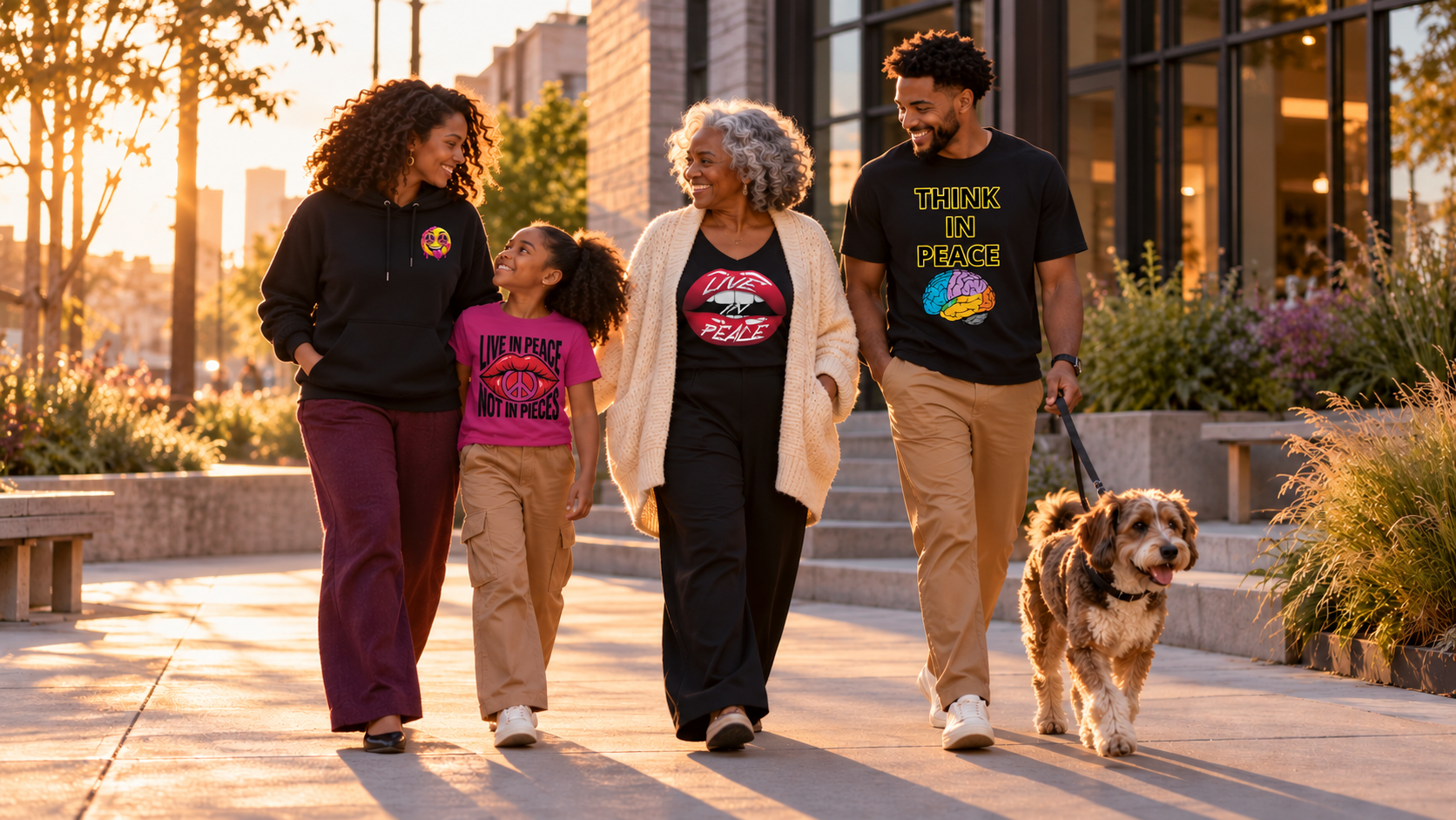 Family wearing Live In Peace Smile Hoodie, relaxed V-neck, Think In Peace Tee, and youth tee while walking their dog
