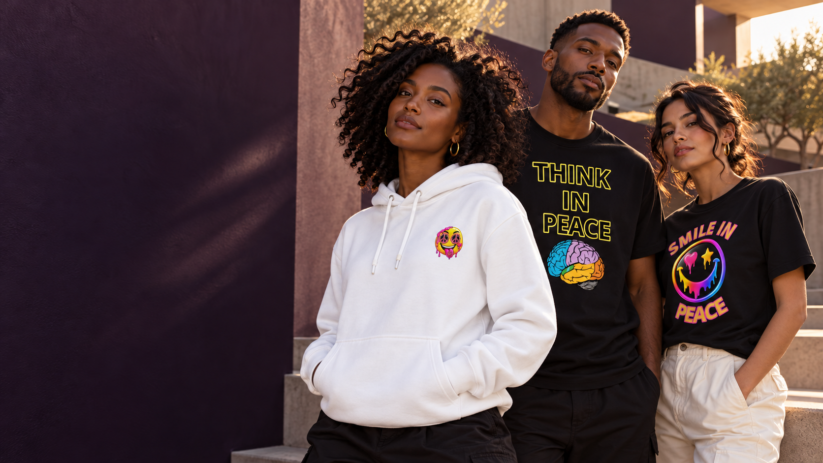Friends wearing the Live In Peace Smile Hoodie, Think In Peace Tee, and Smile Tee