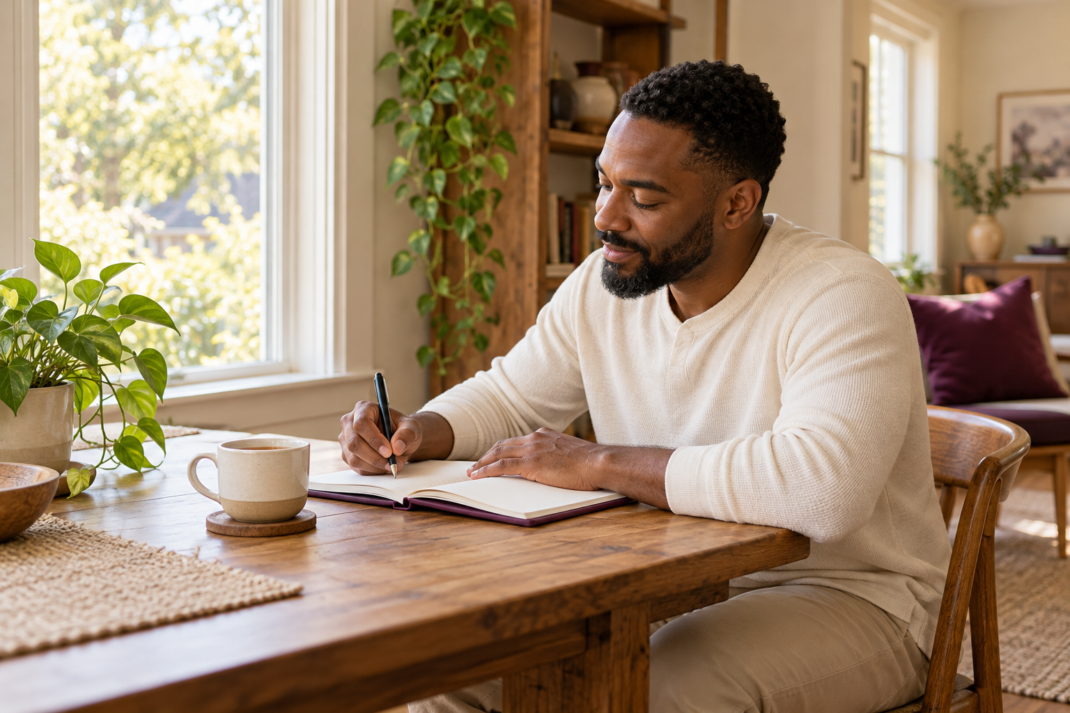 A man calmly writing in a notebook at a sunlit table